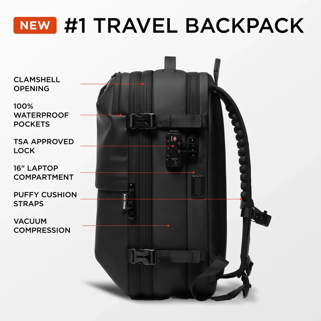 Black Voyage Zephyr Backpack size comparison next to standard laptop showing spacious 25-liter capacity